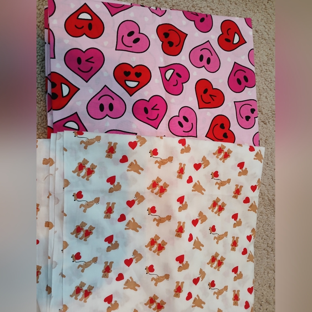 Lot of Valentine's Day Cotton Happy Face Hearts & Teddy Bears Fabric